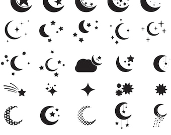 Moon and Stars Svg Bundle, Crescent Moon Clipart For Cricut, Moon Stars Vector, Celestial Svg, Night Sky Svg, Moon and Stars Cut Files.