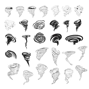 Puede incluir: Un conjunto de 28 ilustraciones en blanco y negro de tornados y trombas. Las ilustraciones son de varios estilos, algunas son simples y otras más detalladas.