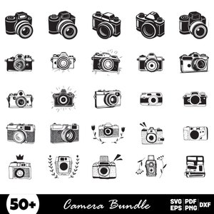 May include: A set of 50+ black and white camera illustrations in various styles, including vintage, modern, and cartoon. The illustrations are ideal for use in digital and print projects.
