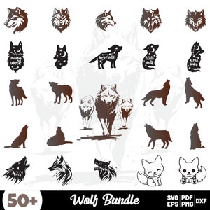 May include: A digital download of 50+ wolf silhouette designs in black and white. The designs include howling wolves, wolf pups, and wolves with text such as "mama wolf" and "born wild".