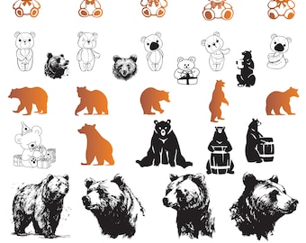 Pakiet niedźwiedzia SVG, grafika graficzna niedźwiedzia grizzly dla Cricut, sylwetka twarzy niedźwiedzia, wektor niedźwiedzia, naklejka na niedźwiedzia, plik do cięcia niedźwiedzia.