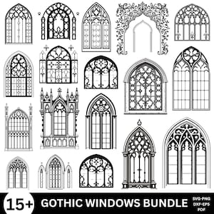 May include: A set of 15+ black and white gothic window designs. The windows are in various styles, including arched, pointed, and rectangular. The designs are perfect for use in crafting, scrapbooking, and other creative projects.