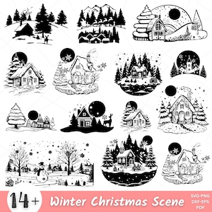 Winter kersttafereel SVG, magische kersttafereel, winters tafereel SVG, santa rendieren SVG, kerst Svg bundel, herten Svg, dennenboom Svg