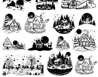 Winter Christmas Scene SVG, Magical Christmas Scene, Winter Scene SVG,  Santa Reindeer SVG, Christmas Svg Bundle, Deer Svg, pine Tree Svg