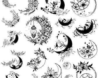 Pakiet kwiatowy księżyc svg, clipart kwiatu księżyca, mistyczny wektor księżyca, naklejka z dzikim kwiatem, pliki do cięcia boho, sylwetka kwiatu księżyca.