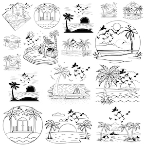 Beach Scene svg Bundle, Beach Scene Clipart, Summer Vector, Palm tree Decal, sunset beach Cut Files, Beach Scene Silhouette.