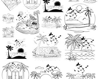Beach Scene svg Bundle, Beach Scene Clipart, Summer Vector, Palm tree Decal, sunset beach Cut Files, Beach Scene Silhouette.