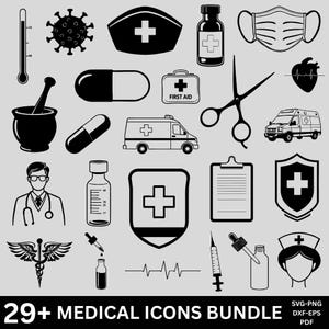 Ensemble d&#39;icônes médicales SVG, clipart icônes, docteur infirmière hôpital Silhouette stéthoscope médecine équipement fichier Cricut usage Commercial instantané