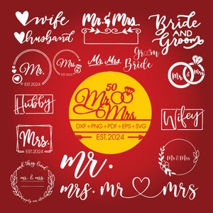 Mr and Mrs Svg Bundle, Mr and Mrs Clipart For Cricut, Wedding Silhouette, Wifey Vector, Husband Decal, Mr and Mrs Cut Files.