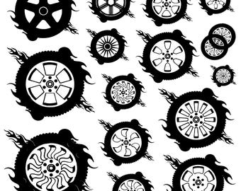 Pakiet svg z kołami, Clipart z oponami, Wektor z kołami samochodowymi, Naklejka z kołami, Pliki do cięcia kół, Sylwetka koła samochodowego.