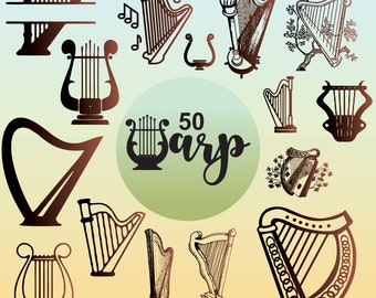 Harp Svg Bundle, Harp Clipart For Cricut, Musical Instruments Cut Files, Harp Vector, Harp Decal, Harp Silhouette
