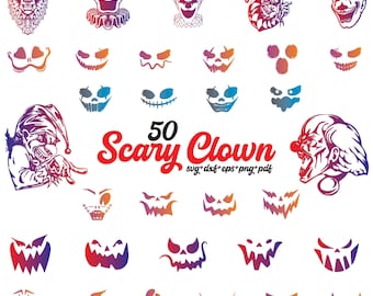 Scary Clown Svg Bundle, scary Clipart For Cricut, Scary Clown Silhouette, Horror Face Cut File, Scary Clown Vector, Scary Clown Decal.