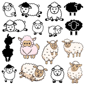Peut inclure: Un ensemble de 14 illustrations en noir et blanc de moutons dans différentes poses. Certains moutons sont couchés, d'autres debout et d'autres regardent vers le haut. Les illustrations sont simples et mignonnes, et elles seraient parfaites pour un livre pour enfants ou un projet d'artisanat.