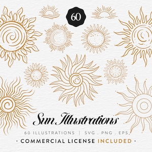 Sol Clipart-paket, 60 bohemiska sol-, himmelska sol-illustrationer, bohemiska solstrålar clipart, SVG PNG EPS, Cricut Design kommersiellt bruk