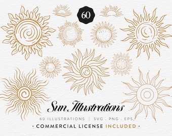 Sun Clipart Bundle, 60 Boho Sun, Celestial Sun Illustrations, Bohemian Sun Rays Clip Art, SVG PNG EPS, Cricut Design Commercial Use