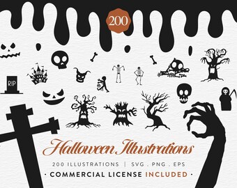 Halloween Bundle, 200 Clipart SVG PNG EPS, Spooky Skull Skeleton Haunted House Silhouette Graphics, Commercial Use