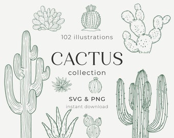 Kaktussammlung, 102 Elemente, SVG und PNG Bundle, Kaktus und Sukkulenten Blumen, Schnittdateien, Clipart Cricut