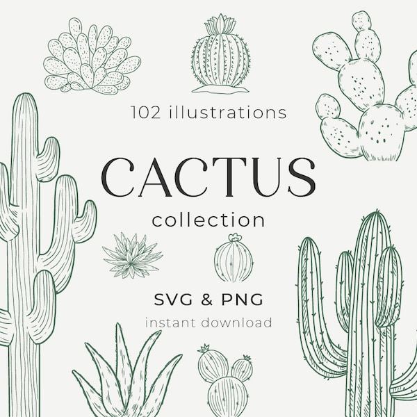 Collection de cactus, 102 éléments, lot SVG et PNG, cactus et fleurs succulentes, fichiers coupés, Clipart Cricut