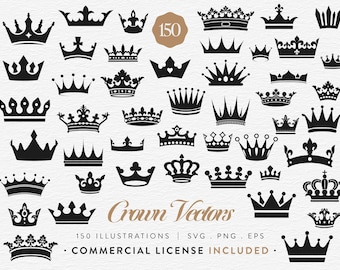 Crown Clipart Bundle, 150 Crown SVG PNG EPS, Royal Crown Vector Set, Princess Tiara, King Crown Clip Art, Commercial Use