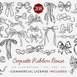 May include: A collection of 208 hand-drawn illustrations of coquette ribbon bows in various styles. The black and white designs include bows with long tails, loops, and intricate knots. Text reads "Coquette Ribbon Bows" and "Commercial License Included."