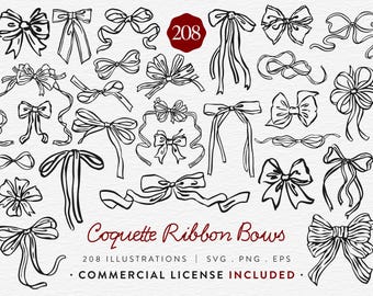 Coquette Bow Clipart Bundle, 208 Ribbon Bow, SVG PNG EPS, Coquette Bows, Hand Drawn Ribbon Clip Art, Cute Bow Vector, Commercial Use