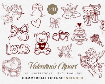 Valentines Day Clipart Bundle, SVG PNG EPS, 140 Cupid Heart Love Illustrations, Retro Vintage Romantic Graphics, Hand-Drawn Whimsical Doodle