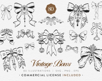 Vintage Bow Clipart Bundle, SVG PNG EPS, 80 Hand Drawn Ribbon Bows, Victorian Floral Decorative Elements, Commercial Use