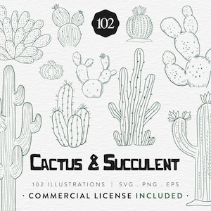 Paquete de imágenes prediseñadas de cactus y suculentas: 102 elementos botánicos de arte lineal (SVG, PNG)