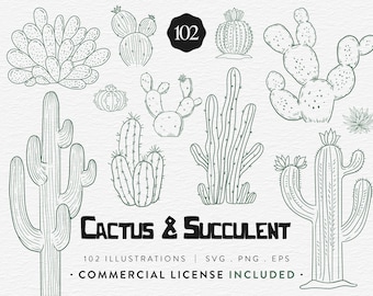 Cactus & Succulent Clipart Bundle: 102 Botanical Line Art Elements (SVG, PNG)