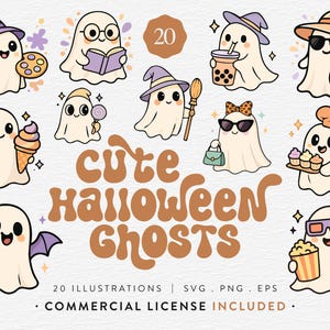 Cute Halloween Ghost Bundle, 20 Kawaii Ghost Clipart, SVG PNG EPS, Pastel Spooky Cartoon Graphics and Stickers, Commercial Use image 1