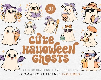 Cute Halloween Ghost Bundle, 20 Kawaii Ghost Clipart, SVG PNG EPS, Pastel Spooky Cartoon Graphics and Stickers, Commercial Use