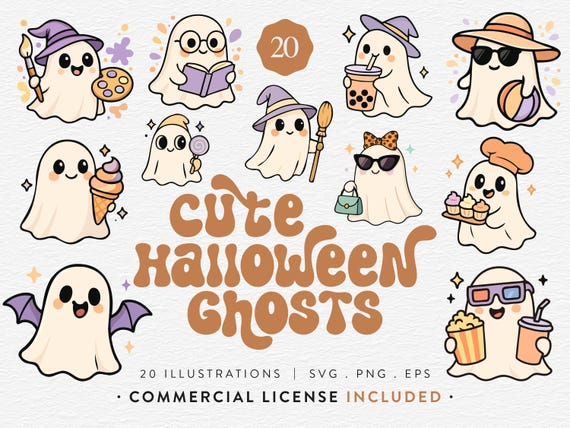 Cute Halloween Ghost Bundle, 20 Kawaii Ghost Clipart, SVG PNG EPS, Pastel Spooky Cartoon Graphics and Stickers, Commercial Use