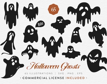 Halloween Ghosts Bundle, 65 Spooky Ghost Clipart, SVG PNG EPS, Cute and Creepy Silhouette Graphics, Cricut Designs, Commercial Use
