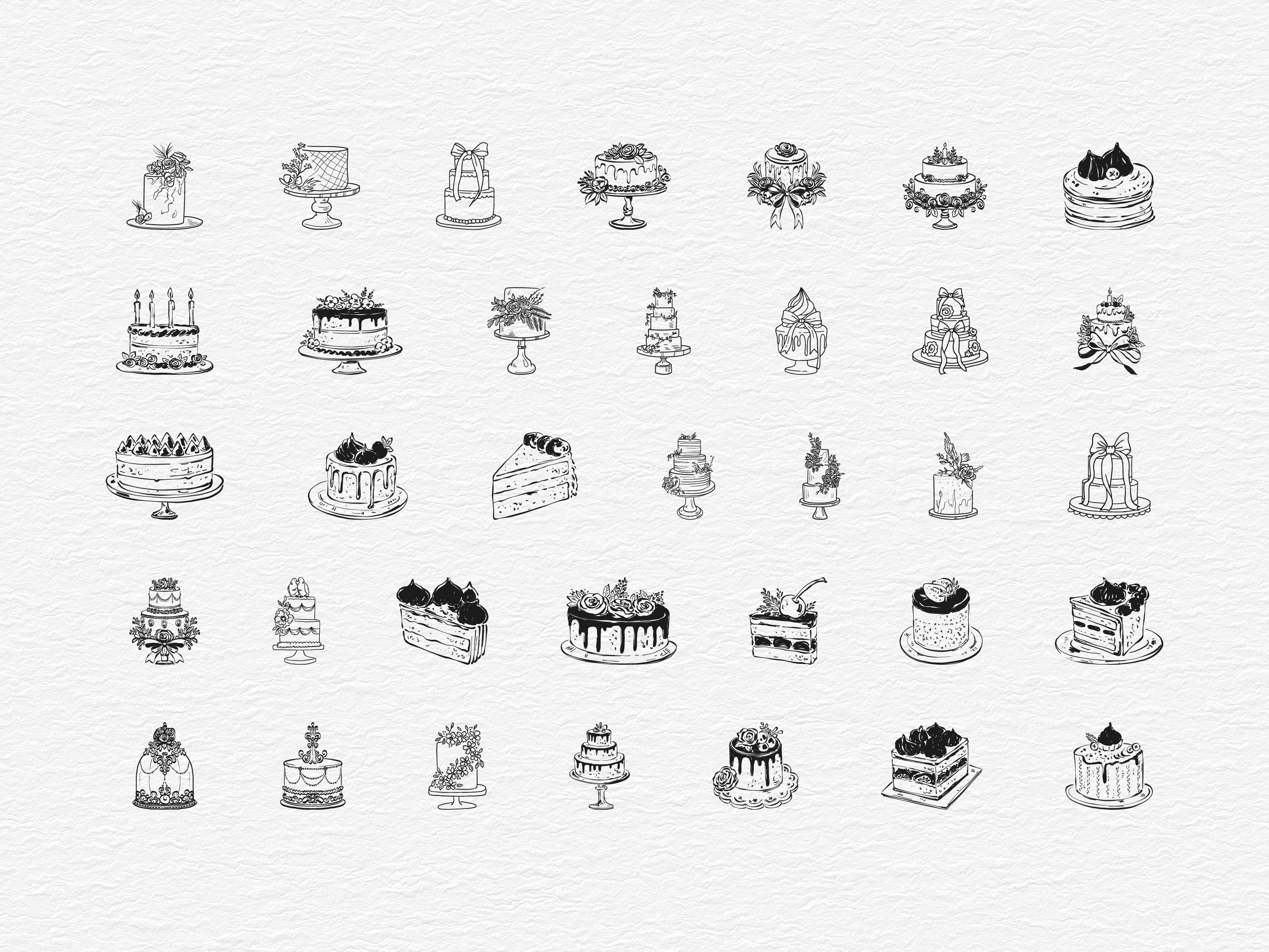 Vintage Cakes Clipart Bundle, 70 Hand Drawn Birthday Cake Illustrations ...