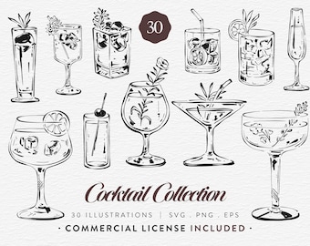 Cocktail Clipart Bundle, SVG PNG EPS, 30 Hand Drawn Drink Illustrations, Signature Cocktail, Martini Wine Glass Graphics, Commercial Use