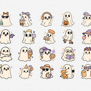 Cute Halloween Ghost Bundle, 20 Kawaii Ghost Clipart, SVG PNG EPS, Pastel Spooky Cartoon Graphics and Stickers, Commercial Use image 2