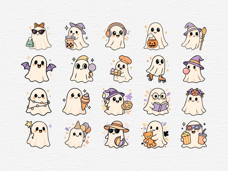 Cute Halloween Ghost Bundle, 20 Kawaii Ghost Clipart, SVG PNG EPS, Pastel Spooky Cartoon Graphics and Stickers, Commercial Use image 2