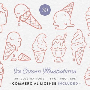 Può includere: Una collezione di 10 illustrazioni di gelati in stile line art. Le illustrazioni includono coni gelato, coppe gelato e ghiaccioli. È presente anche il testo "Ice Cream Illustrations" e "30 Illustrations". La tavolozza dei colori è rosa tenue su sfondo bianco.