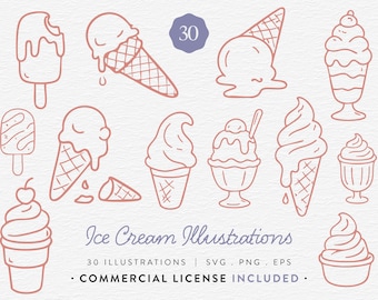 Ice Cream Bundle, 30 Cute Dessert Illustrations, Ice Cream Clipart, SVG PNG EPS, Kawaii Summer Treats, Cricut Cut Files, Commercial Use