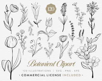 Botanical Clipart Bundle, 120 Floral Line Art, SVG PNG EPS, Wildflower Clip Art Set, Minimalist Flower, Illustrations Commercial Use