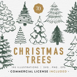 Christmas Tree Clipart Bundle, 70 Christmas Trees, SVG PNG EPS, Vintage Holiday Tree Illustrations, Xmas Tree Clip Art, Commercial Use image 1