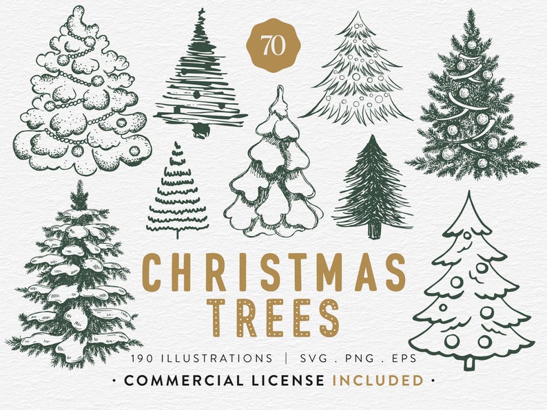 Christmas Tree Clipart Bundle, 70 Christmas Trees, SVG PNG EPS, Vintage Holiday Tree Illustrations, Xmas Tree Clip Art, Commercial Use image 1
