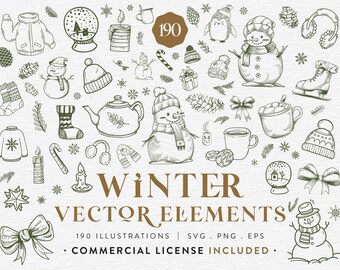 Winter Clipart Bundle, 190 Winter Illustrations, SVG PNG EPS, Christmas Winter Elements, Snowman Mug Cozy Holiday Clip Art