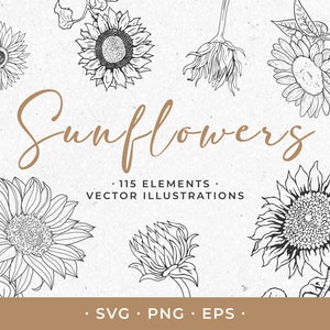 ひまわりコレクション、115 個の要素、SVG、PNG および EPS バンドル、カット ファイル、クリップアート Cricut