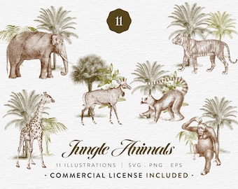 Jungle Animal Clipart, SVG PNG EPS, 11 Vintage Safari Animals Bundle, Elephant Tiger Giraffe Monkey Illustrations, Commercial Use