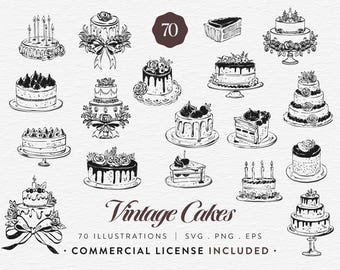 Vintage Cakes Clipart Bundle, 70 Hand Drawn Birthday Cake Illustrations, Retro Bakery Dessert Graphics, SVG PNG EPS, Commercial Use