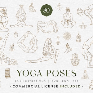 Zestaw pozycji jogi, 80 klipartów jogi w formacie SVG PNG EPS, ręcznie rysowane sylwetki jogi, duchowa sztuka medytacyjna, ilustracje w stylu boho wellness