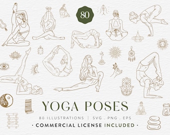 Yoga Poses Bundle, 80 Yoga Clipart SVG PNG EPS, Hand-Drawn Yoga Silhouettes, Meditation Spiritual Line Art, Boho Wellness Illustrations