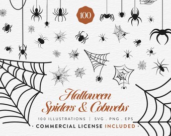 Spider & Cobwebs Bundle, 100 Halloween Clipart SVG PNG EPS, Spooky Spider Silhouette, Web Graphics, Vector Art, Commercial Use