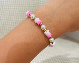 Preppy Pink, pearl, and gold clay bead bracelet